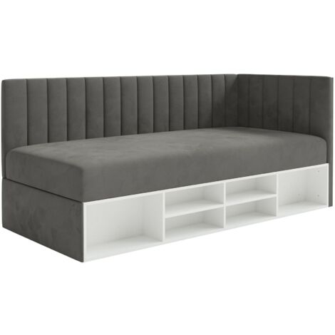Selsey Ventrio - Jugendbett rechtsseitig mit Regalen, Easy-Clean-Samtbezug, dunkelgrau