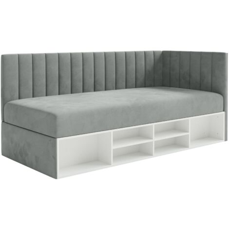 Selsey Ventrio - Jugendbett rechtsseitig mit Regalen, Easy-Clean-Samtbezug, grau