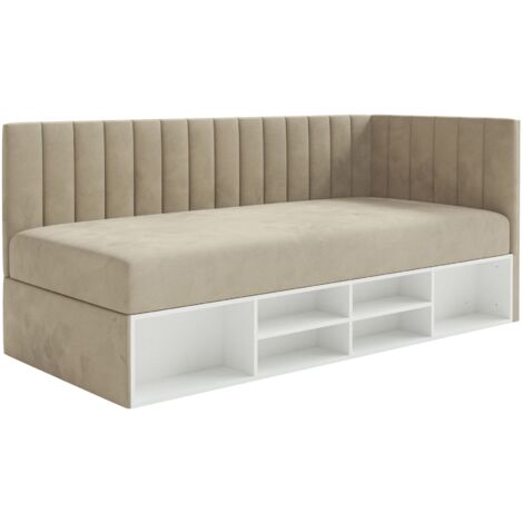 Selsey Ventrio - Jugendbett rechtsseitig mit Regalen, Easy-Clean-Samtbezug, greige
