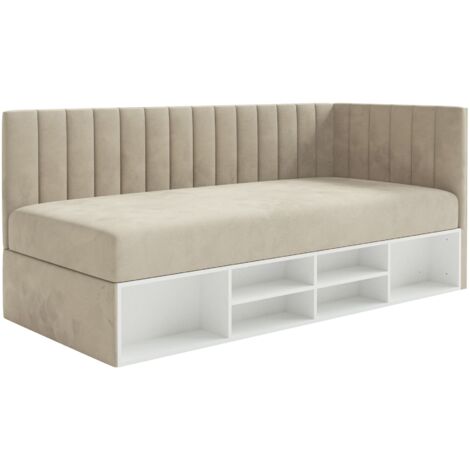Selsey Ventrio - Jugendbett rechtsseitig mit Regalen, Easy-Clean-Samtbezug, hellbeige