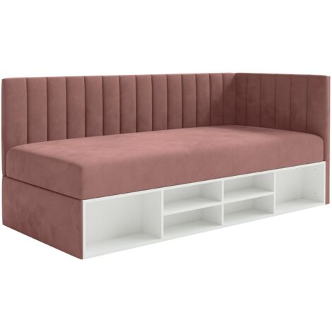 Selsey Ventrio - Jugendbett rechtsseitig mit Regalen, Easy-Clean-Samtbezug, rosa