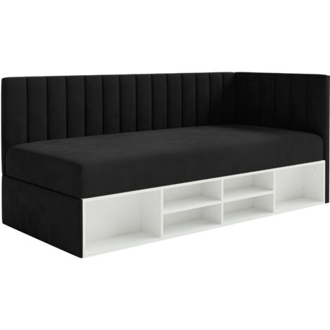 Selsey Ventrio - Jugendbett rechtsseitig mit Regalen, Easy-Clean-Samtbezug, schwarz