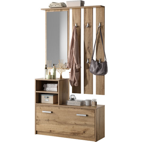 Selsey – Vestiaire d'entrée multifonctionnel 85 cm – Armoire à chaussures, miroir, 2 niches ouvertes – Panneaux mélaminés finition mate – Pour petites entrées