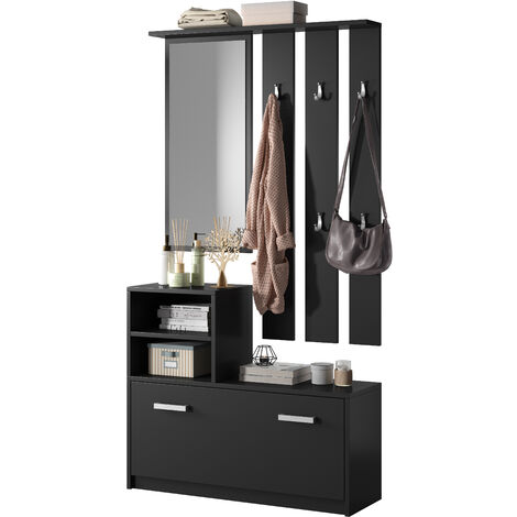 Selsey – Vestiaire d'entrée multifonctionnel noir mat – 85 cm longueur, 160 cm hauteur, 24 cm profondeur – Armoire à chaussures et miroir inclus