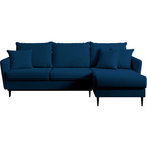 Selsey VOLIO Ecksofa mit Schlaffunktion, Veloursbezug in Dunkelblau, schwarzen Metallbeinen