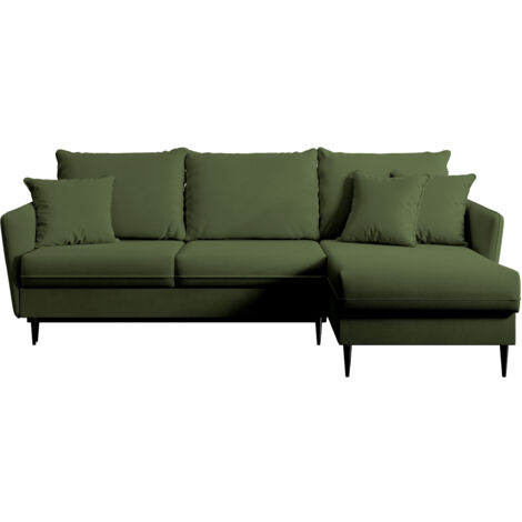 Selsey VOLIO Ecksofa mit Schlaffunktion, Veloursbezug in Olivgrün, schwarzen Metallbeinen