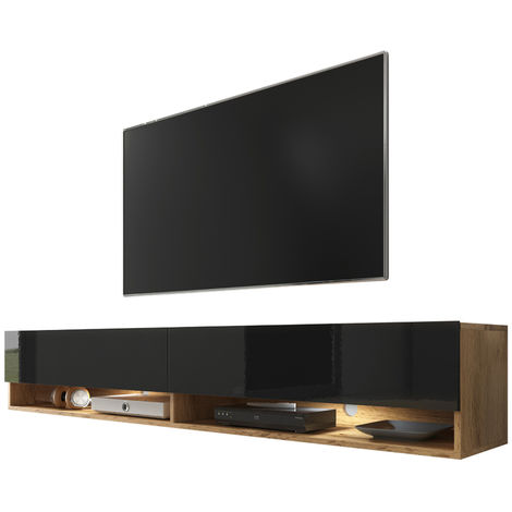 Mobile Tv Bianco Lucido Sospeso.Selsey Wander Mobile Tv Sospeso Tavolino Tv Moderno Porta Tv Per Salotto 180 Cm Quercia Dorata Nero Lucido Con Led Mm5903025365114