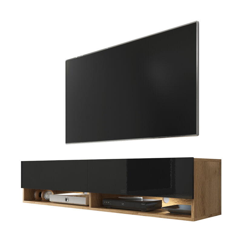 

Wander - Mueble de TV de pie / colgante - 140 cm - roble wotan / negro brillo - con iluminación LED - moderno - Selsey