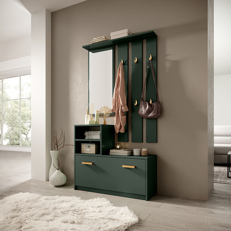 Selsey - Vestiaire d'entrée / Meuble d'entrée - yesfir - 85 cm - vert bouteille - armoire à chaussures - portemanteau - miroir