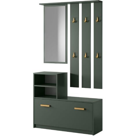 Selsey Yesfir - Set da ingresso - specchio, appendiabiti, mensole, scarpiera - verde bottiglia