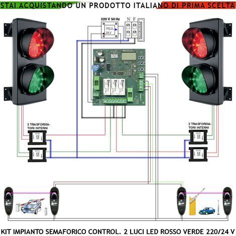 Semaforo Esterno IP65 Kit Impianto Semaforico 24 Led Rossi e 24 Led Verdi Lente Ø 124 mm Aliment. 24 Vac 3W CE Centrale Funzioni Gestite da Fotocellule Tempi Regolabili da 8 a 120" Garage e Parcheggio