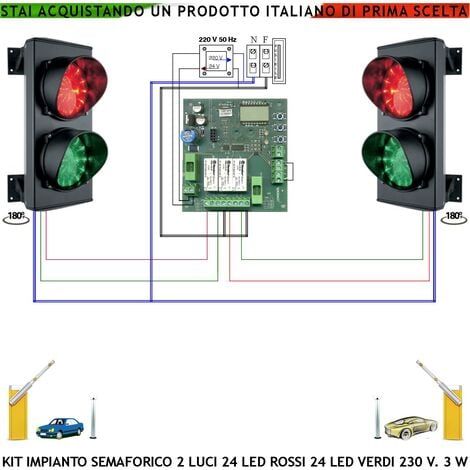 Semaforo Esterno IP65 Kit Impianto Semaforico da 24 Led Rossi e 24 Led Verdi Funzioni Automatiche Cicliche a Tempo Regolabili da 8 a 120° Alimentazione 230 V Hz 3W Omologato Garage Parcheggio e Garage