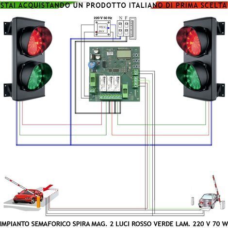 Semaforo Garage 24 Led Rossi 24 Led Verdi Lente Ø 124 mm Orientabili Aliment. 230 V 3W IP65 Tempi Regolabili da 8 a 120" 2 Sensori Masse Metalliche Interrate Rilevano Passaggio e Sosta Veicoli