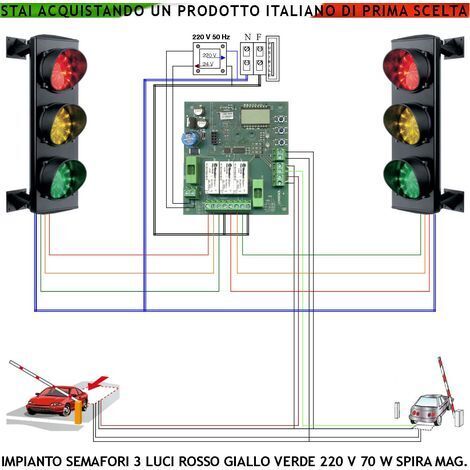 Semaforo Kit Impianto 3 Luci 3 Schede da 24 Led Rossi 24 Led Gialli 24 Led Verdi 24 V 3W CE IP65 Centrale di Comando Selezione Funzioni Controllate da 2 Spire Interrate 6 MT Tempi Regolabili da 3 a 24