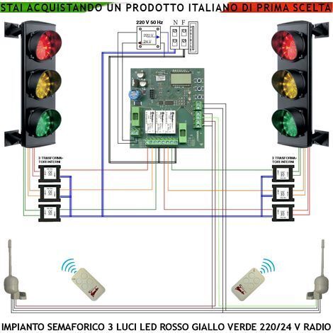 Semaforo Orientabili 24 Led Rossi Gialli e Verdi 230 V 50 Hz 3 W CE IP65 Funzioni Controllate da 2 Radioriceventi 2 Radiocomandi 433 MHz Tempi Regolabili da 3 a 240" Ingresso Uscita Veicoli dal Garage