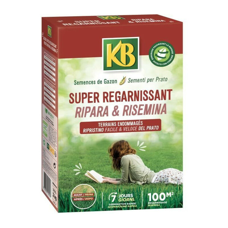 KB - Semences Gazon KREGFAC100 - Super Regarnissant 2 kg - Pour terrains ombragés - Germination rapide 7 jours - Pour 100m²