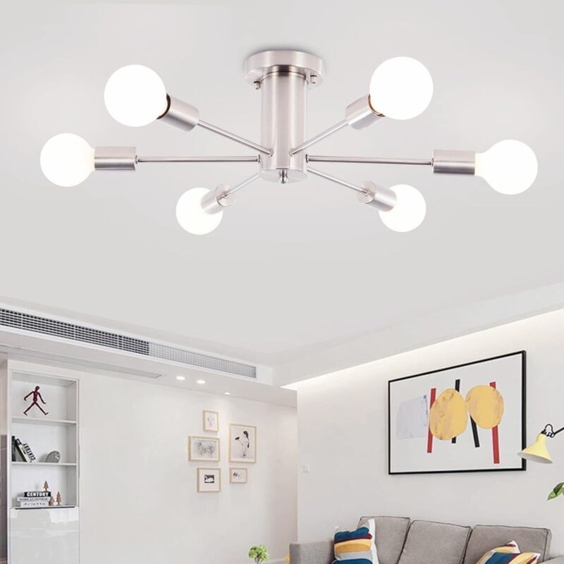 Semi-recessed ceiling light, 6-head ceiling light, Sputnik modern chandelier, mid-century pendant light, silver (bulb not included)