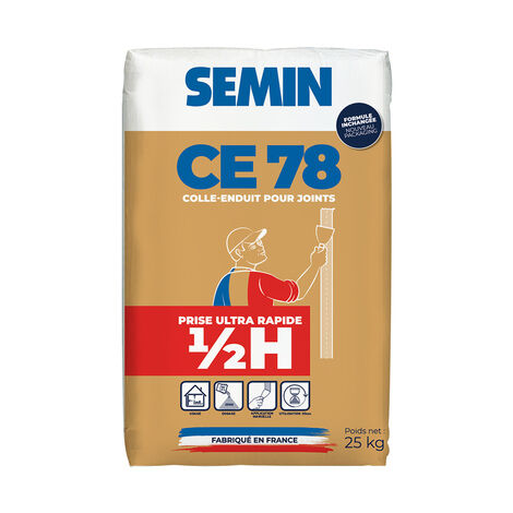 Semin – Enduit de façade 5 kg – Temps de prise 1 heure – Adhérence > 1000 g – Fissuration jusqu’à 5 mm – Pour plaques de plâtre