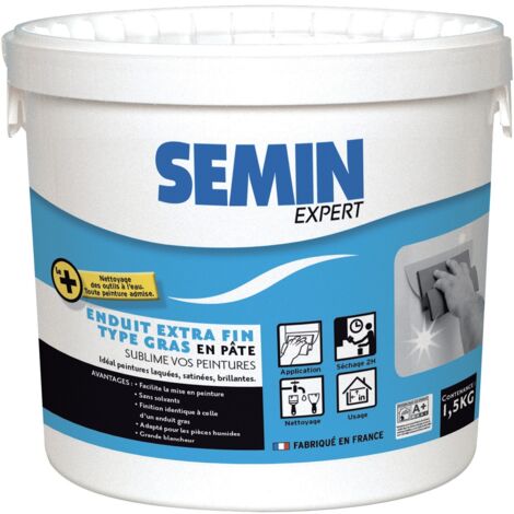 Semin – Enduit de lissage extra fin – Pâte blanche sans solvant – Séchage rapide – Pour murs et plafonds – Seau 1,5 kg