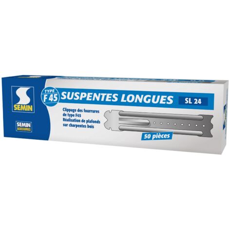 Semin – Suspentes longues 240 mm F45 en acier galvanisé – Boîte de 50 pièces pour montage de faux-plafonds – Fixation rapide sur fourrures