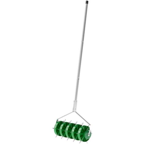 Semoir Aérateur Manuel 45x21x140 cm avec 30 Pointes Fer - Scarificateur et Carottier Pelouse, Rail Réglable - Outil Jardin - Vert