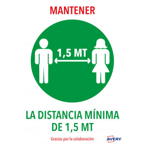 Señal adhesiva avery mantener distancia minina de 1,5 mt din a4 resistente a los rayos uv pack de 2 unidades