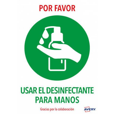 Señal adhesiva avery usar el desinfectante para las manos din a4 resistente a los rayos uv pack de 2 unidades