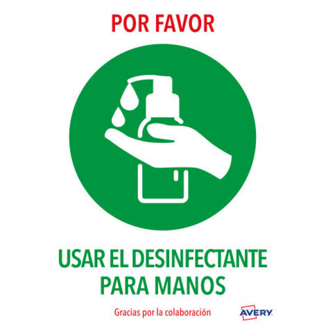 Señal adhesiva avery usar el desinfectante para las manos din a4 resistente a los rayos uv pack de 2 unidades