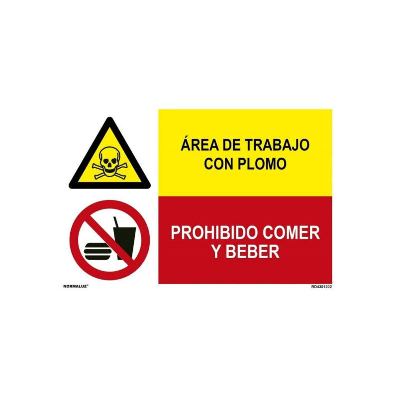 

Señal combinada área de trabajo con plomo y prohibido comer y beber | Adhesivo vinilo