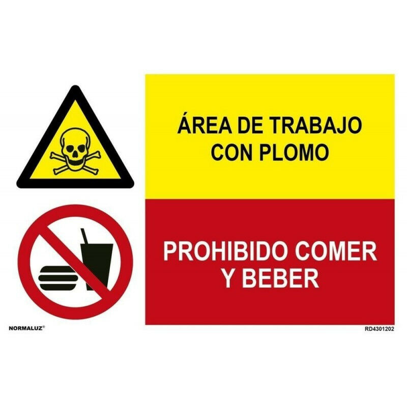 

Señal combinada área de trabajo con plomo y prohibido comer y beber | PVC Blanco 07 mm