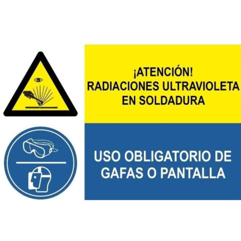 Señal combinada Atención radiaciones ultravioleta de soldadura, Uso obligatorio de gafas o pantalla SEKURECO                 Adhesivo vinilo