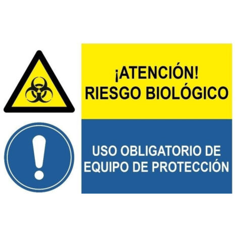 Señal combinada Atención riesgo biológico, Uso obligatorio de equipo de protección SEKURECO                 Adhesivo vinilo