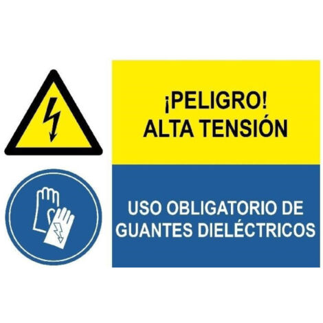 Señal combinada Peligro alta tensión, Uso  obligatorio guantes dieléctricos SEKURECO                 Adhesivo vinilo