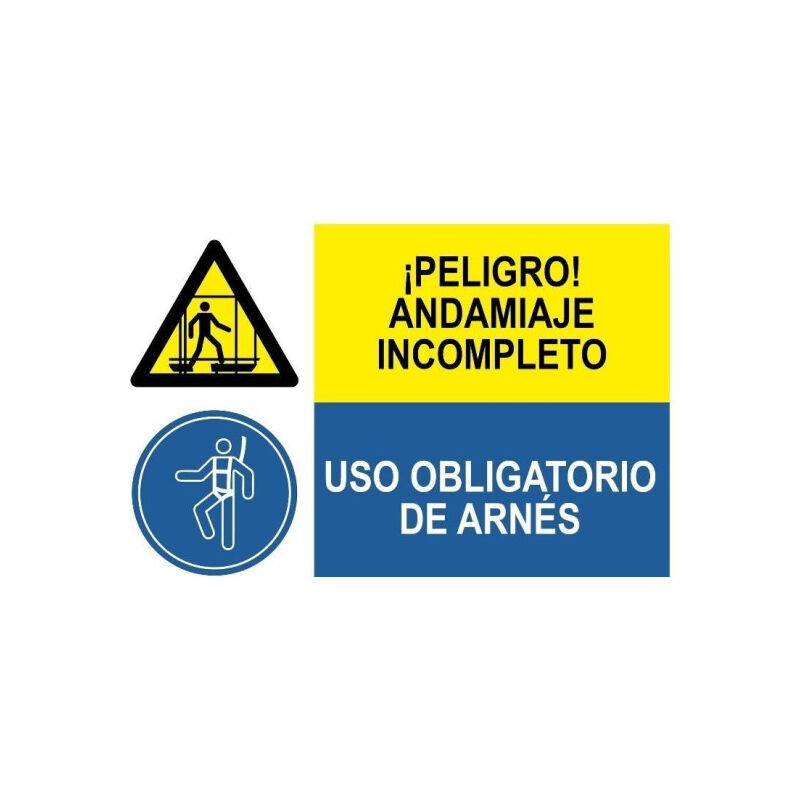 

Señal combinada peligro andamiaje y uso obligatorio arnes | Adhesivo vinilo