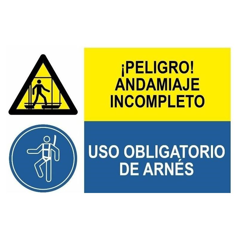 

Señal combinada peligro andamiaje y uso obligatorio arnes | PVC Blanco 07 mm