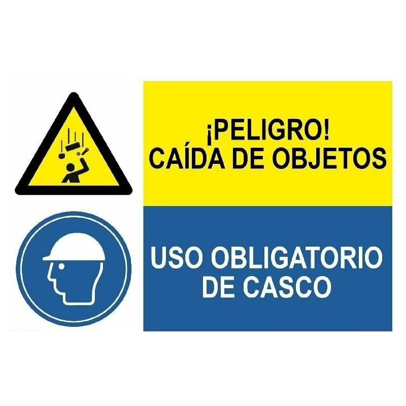 

Señal combinada peligro caída de objetos y uso obligatorio de casco | PVC Blanco 07 mm