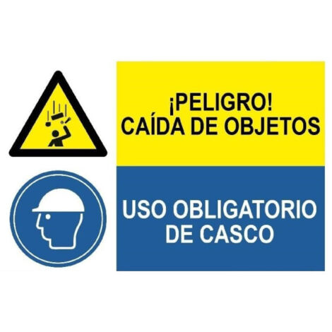 Señal combinada peligro caída de objetos y uso obligatorio de casco SEKURECO                 Adhesivo vinilo