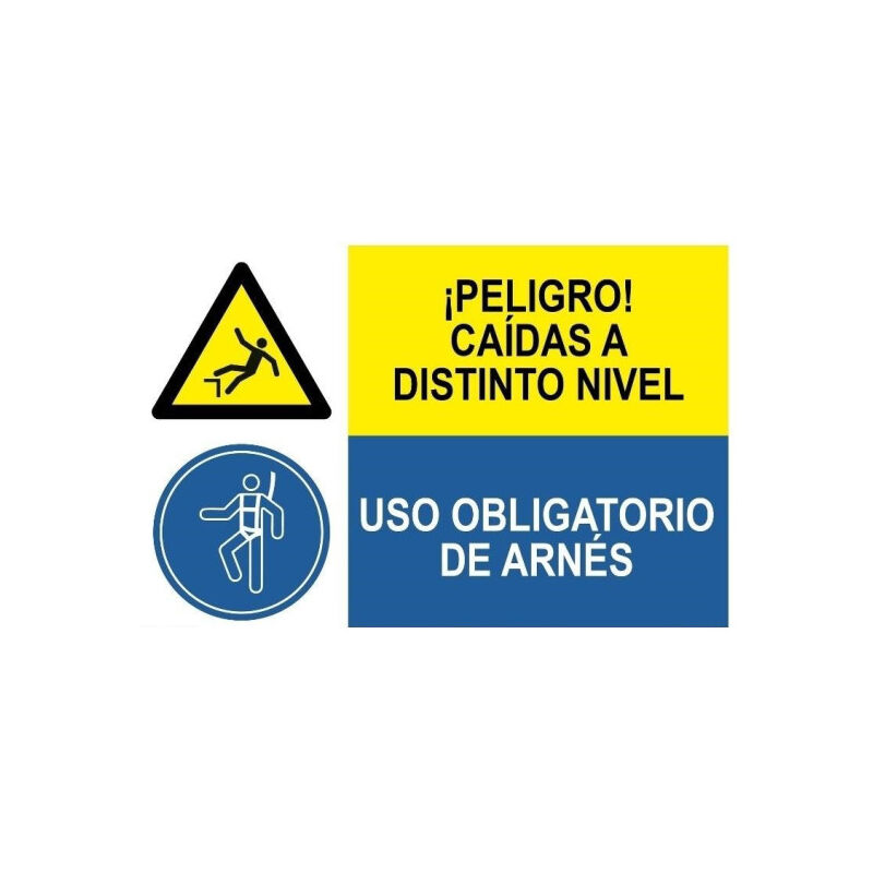 

Señal combinada peligro caidas y uso obligatorio arnes | Adhesivo vinilo