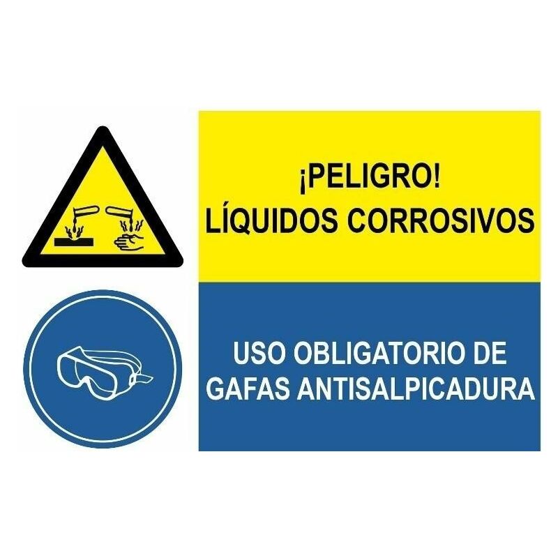 

Señal combinada peligro liquidos corrosivos y uso obligatorio gafas | Adhesivo vinilo