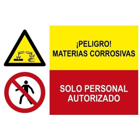 Señal combinada Peligro materias corrosivas, Solo personal autorizado SEKURECO                 Adhesivo vinilo