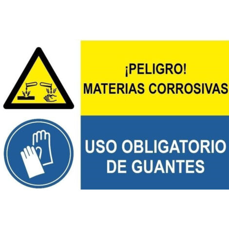 Señal combinada Peligro materias corrosivas Uso obligatorio de guantes SEKURECO                 Adhesivo vinilo