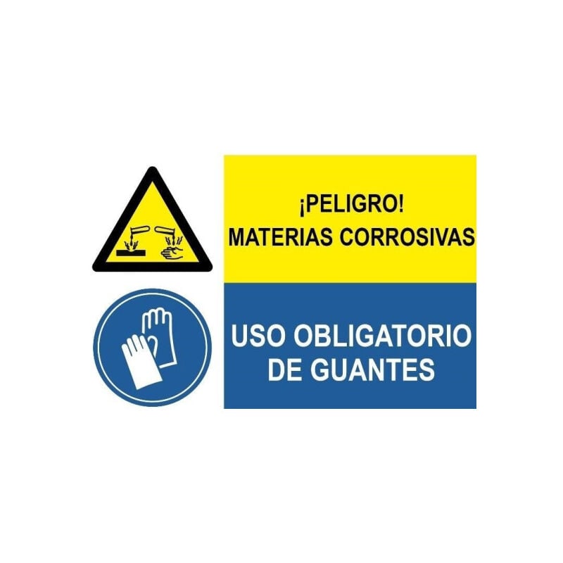 

Señal combinada peligro materias corrosivas y uso obligatorio guantes | Adhesivo vinilo