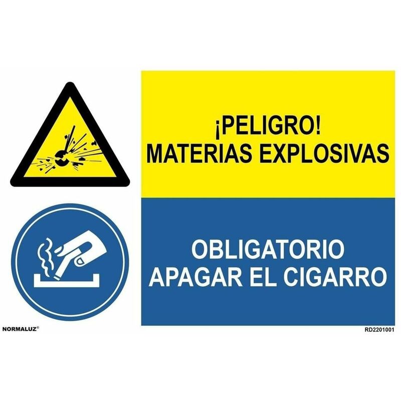 

Señal combinada peligro materias explosivas y obligatorio no cigarro | PVC Blanco 07 mm