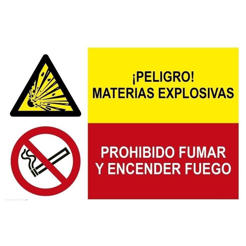 

Señal combinada peligro materias explosivas y prohibido fumar | PVC Blanco 07 mm