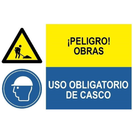 Señal combinada Peligro obras Uso obligatorio de casco (texto y pictograma) SEKURECO                 Adhesivo vinilo