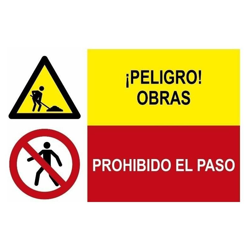 

Señal combinada peligro obras y prohibido el paso | PVC Blanco 07 mm