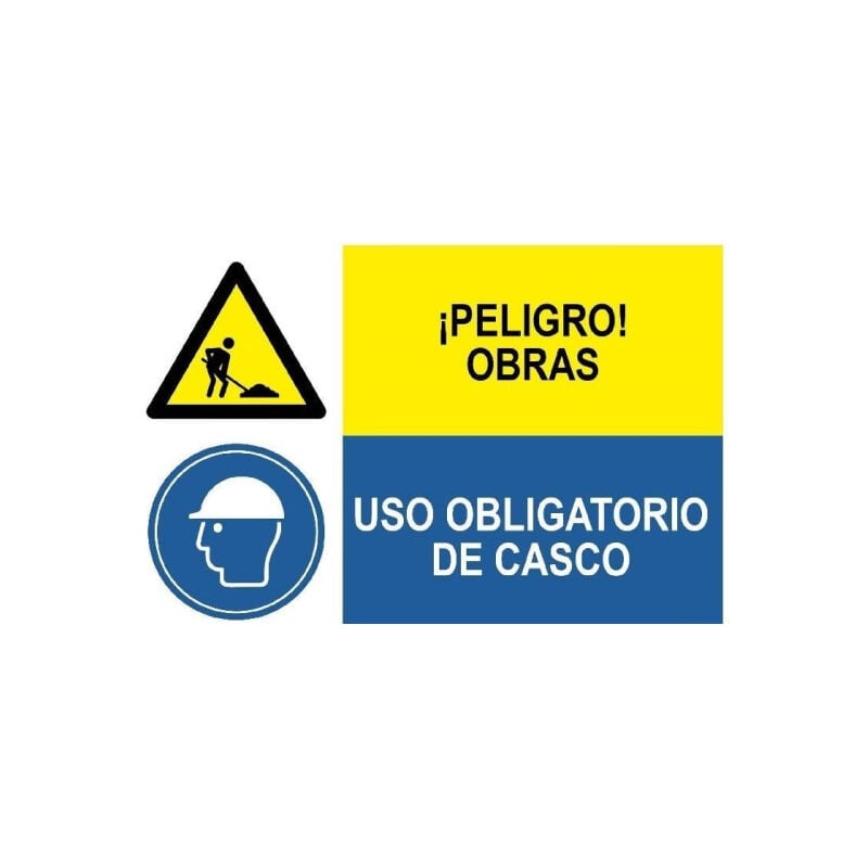 

Señal combinada peligro obras y uso obligatorio de casco | Adhesivo vinilo
