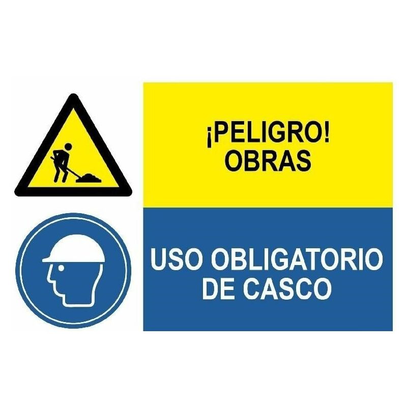 

Señal combinada peligro obras y uso obligatorio de casco | PVC Blanco 07 mm