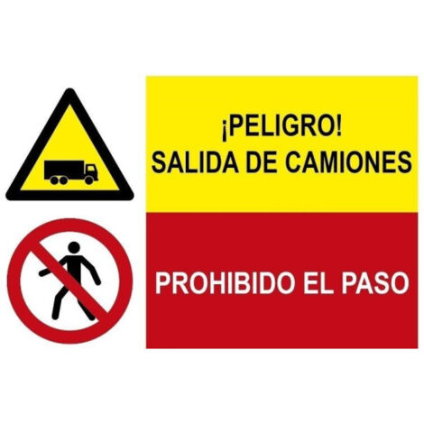 Señal combinada Peligro salida de camiones Prohibido el paso SEKURECO                 Adhesivo vinilo