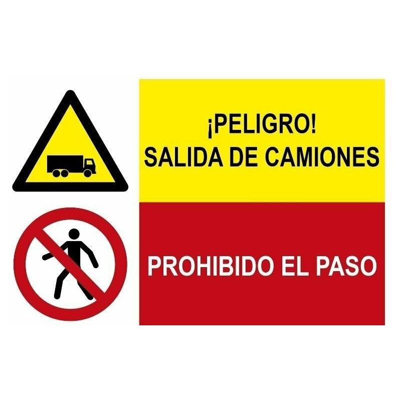 

Señal combinada peligro salida de camiones y prohibido el paso | PVC Blanco 07 mm